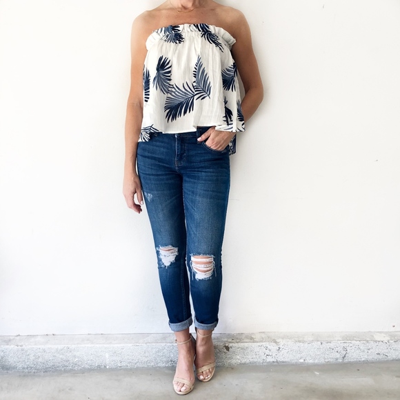 Tops - Strapless Palm Print Top with built in shelf bra